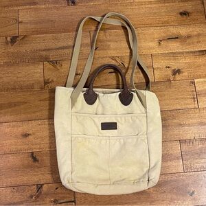 L.L.Bean Stonington Tote Bag Daily Carry Dark Leather And Khaki Canvas *READ*